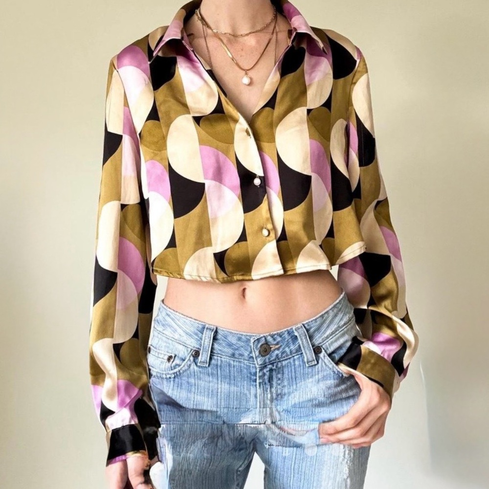 House of Harlow 1960 pink and gold psychedelic satin boxy cropped blouse size s